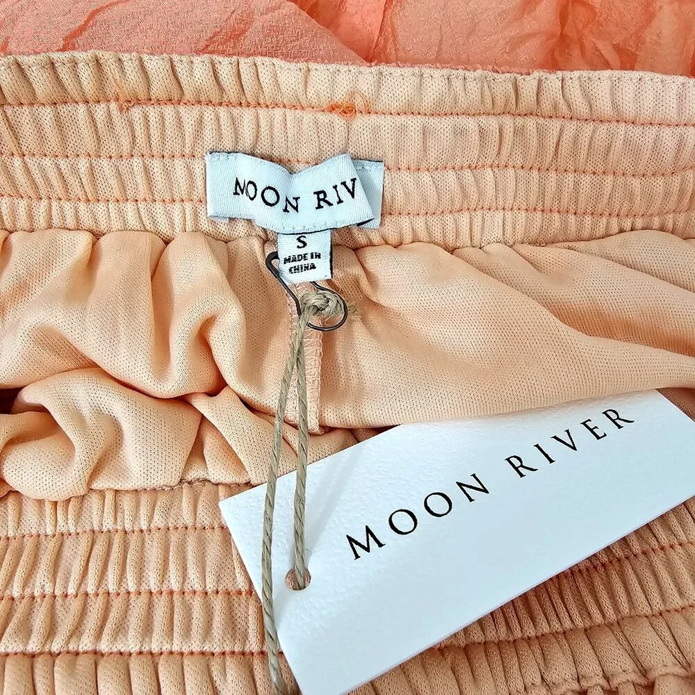 MOON RIVER Womens Sz S Puff Sleeve Tiered Back cutout Midi Dress Coral Cocktail - Picture 12 of 16